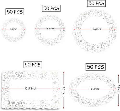 Vista 3 de Doilies para bandejas de postre 250 piezas de papel de varios tamaños