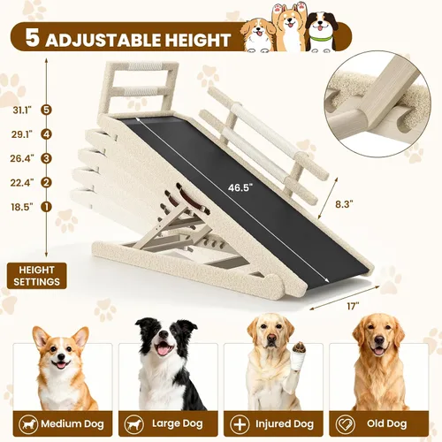 Vista 2 de Rampa para perros para cama, rampa de madera ajustable para mascotas de 46 Beige