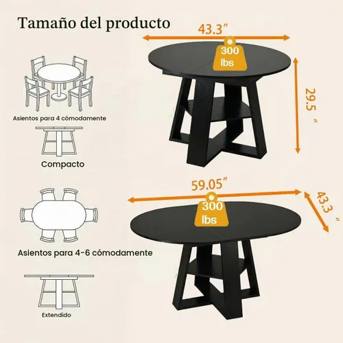 Vista 5 de Juego de 4 mesas de comedor redondas de 5 piezas para 4, 43.3 a 59 pulgadas, extensibles, redondas a ovaladas, juego de 4, mesas de comedor de Mesa