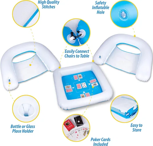 Vista 4 de ZONETECH Mesa de juego inflable y sillas con cartas de juego impermeables, mesa flotante para piscina para adultos, familia, fiesta, juego