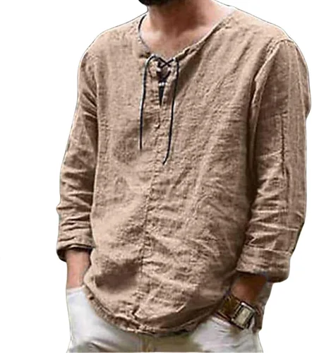 Vista 5 de Camisas de algodón y lino para hombre, manga larga, cuello en V, cordón ajustable, casual, a la moda, ajuste regular, blusas clásicas para exteriores