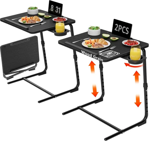 Vista 17 de Bandeja de TV ajustable para cena negra, bandejas plegables para comer en el sofá, mesas de madera, soporte mate, escritorio plegable con portavasos