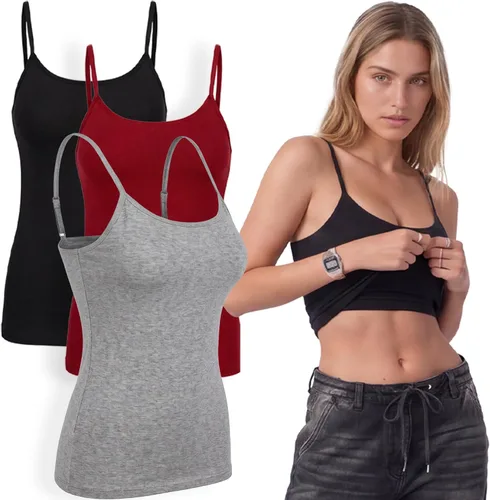 Vista 97 de Emmalise Camiseta de mujer con brasier integrado, soporte de tela sin varillas, camisola corta