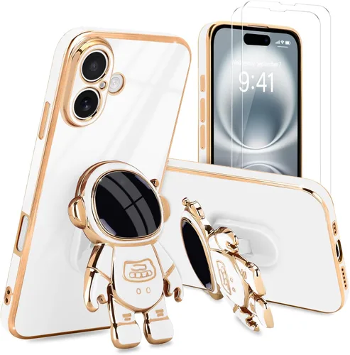 Vista 72 de Pepmune - Funda para iPhone 15 con soporte de astronauta 3D, color negro [2 Screen Protector], Luxury Electroplated Soft TPU Cover with Kickstand