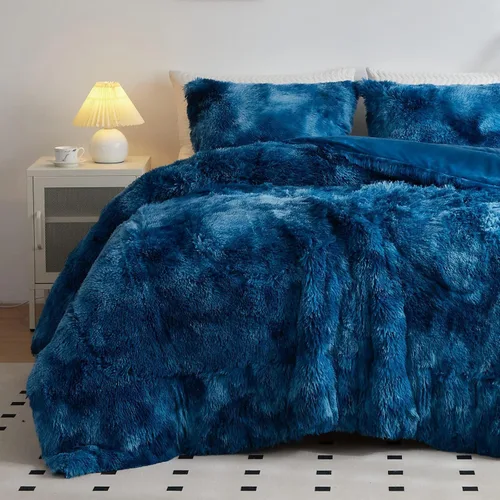 Vista 28 de Wajade Juego de edredón de felpa de pelo sintético teñido anudado negro, juego de ropa de cama mullido y peludo, juego de edredón de microfibra