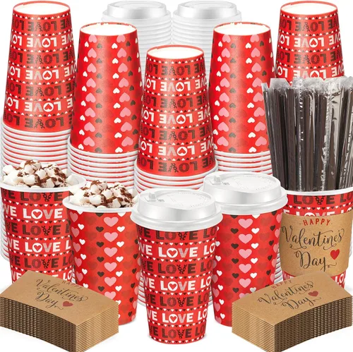Vista 9 de Ziliny 100 juegos de tazas de papel de Navidad con manga y tapa con pajita, tazas de chocolate caliente y cacao para fiestas de Navidad, suministros