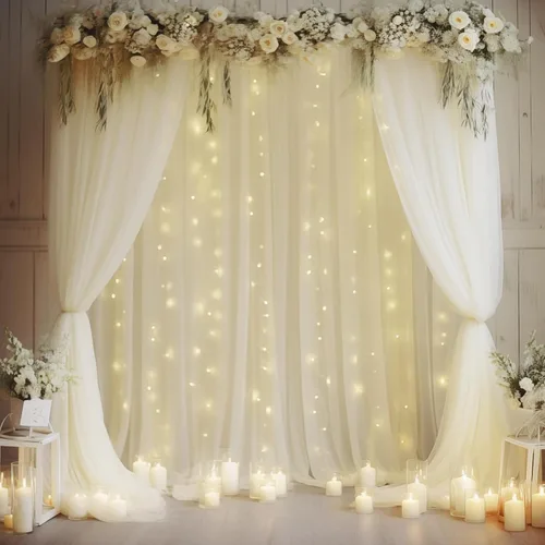 Vista 30 de Cortina de telón de fondo de tul negro de 10 x 10 pies con cadena de luces para fiestas, cortinas de fondo de fotos transparentes para bodas