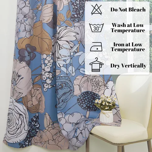 Vista 3 de Cortinas opacas bohemias para dormitorio, cortinas modernas de mediados de siglo color azul, cortinas térmicas con ojales para oscurecer