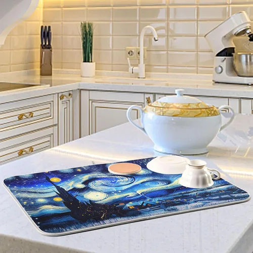 Vista 6 de Vnurnrn Tapete de secado nocturno de platos estilo Van Gogh para encimera de cocina, tapete escurridor de platos de microfibra, absorbente de secado