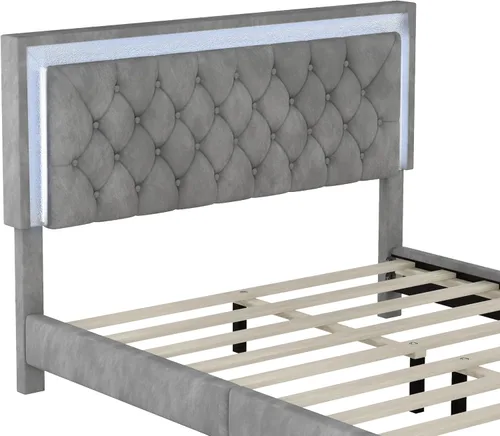 Vista 8 de Linique Base de cama tapizada tamaño Queen con luces LED, cama moderna de plataforma de terciopelo de madera con cabecera capitonada con botones