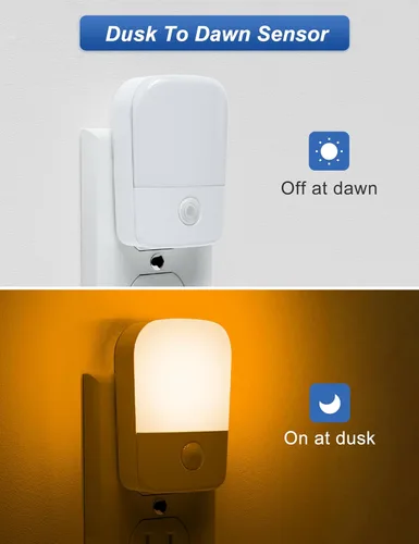 Vista 2 de Luces nocturnas ámbar enchufables a la pared, paquete de 2 luces LED de noche para dormitorio con sensor de atardecer a amanecer, brillo ajustable