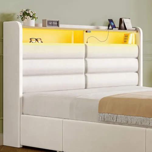 Vista 8 de Seventable Base de cama de tamaño individual con 3 cajones de almacenamiento y estación de carga, cama de plataforma tapizada con cabecera de Blanco