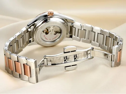 Vista 11 de Carnival Reloj de mujer con esqueleto mecánico automático, cristal de zafiro sintético, oro rosa, acero inoxidable, impermeable, color blanco
