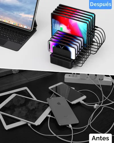Vista 6 de Estación de carga de 270 W para múltiples dispositivos, estación de carga rápida USB de 20 puertos con divisores ajustables y 10 cables, base