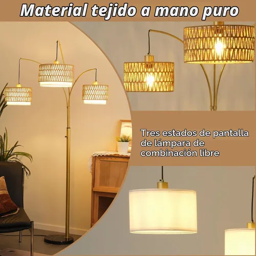 Vista 6 de Lámpara de pie de ratán dorado para sala de estar, lámpara de pie bohemia de 80 pulgadas de alto con interruptor giratorio, lámpara de arco de 3