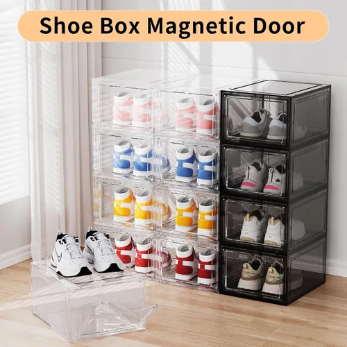 Vista 5 de Cajas organizadoras de almacenamiento de zapatos apilables de acrílico transparente, paquete de 6 unidades, estante para zapatos y sustituto