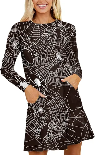 Vista 2 de Deerose Disfraz divertido con estampado de Halloween para mujer con bolsillos, H Telaraña