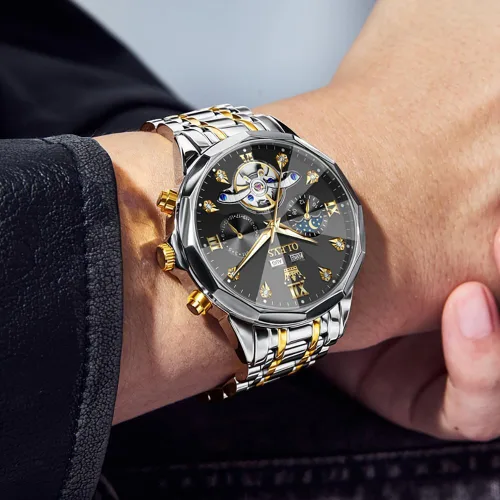 Vista 13 de OLEVS Reloj de pulsera automático con diseño de esqueleto para hombre, de lujo, con diamantes de lujo, de acero inoxidable, calendario, reloj