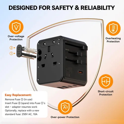 Vista 4 de Auxmir Adaptador de viaje universal, adaptador de enchufe de viaje de carga rápida PD de 45 W Negro