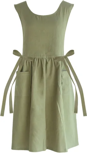 Vista 20 de Vestido tipo delantal de lino de algodón con espalda cruzada para mujer con bolsillos para cocinar y limpiar - Delantal cruzado - Azul - con lazos
