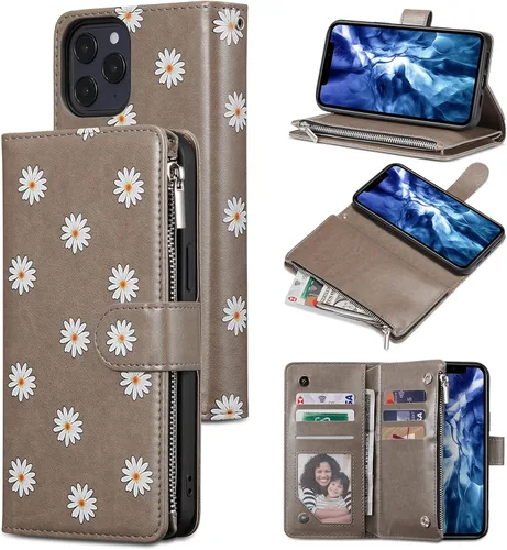 Vista 15 de UEEBAI Funda tipo cartera para iPhone 13 Pro Max, funda de piel sintética con cierre magnético, bolsillo con cremallera, ranuras para tarjetas