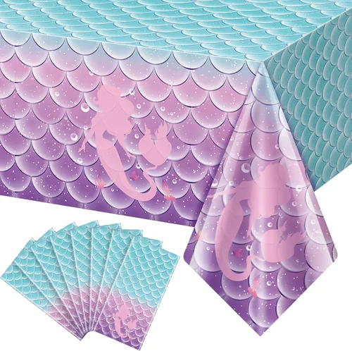 Vista 10 de 1 mantel de decoración de fiesta de cumpleaños de sirena, funda de mesa de plástico desechable para princesa bajo el mar, suministros de fiesta