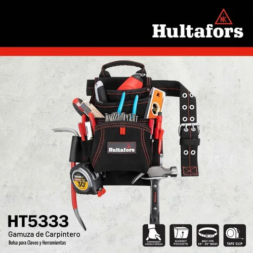 Vista 4 de Hultafors Work Gear HT5333 Carpenter's - Bolsa de gamuza resistente para uñas y herramientas, bolsillo frontal de doble refuerzo, lazo para martillo