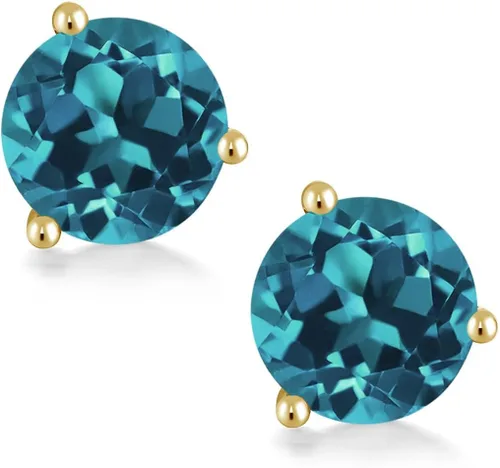 Vista 2 de Gem Stone King Aretes de tuerca de oro amarillo de 14 quilates, topacio azul Londres de 3 puntas, Martini con parte trasera para mujer