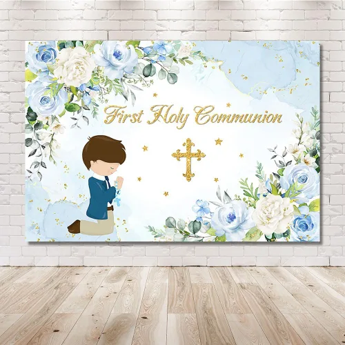 Vista 6 de MEHOFOND Telón de fondo azul para la primera comunión Mi Bautizo de 7 x 5 pies para niños, decoración de fiesta de Dios bendiga fondo azul acuarela