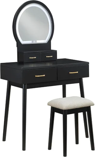 Vista 8 de Lexicon Tocador moderno con espejo, luces LED, 3 modos de iluminación, pequeño juego de tocador de maquillaje con 4 cajones y taburete acolchado