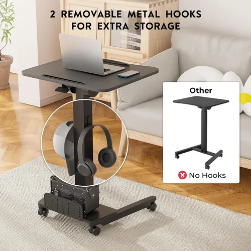 Vista 7 de BONTEC Escritorio móvil de pie de altura ajustable, carrito rodante para laptop con estante de almacenamiento, ganchos, estación de trabajo portátil