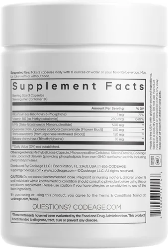 Vista 9 de Codeage Platino liposomal NMN - Suplemento NMN de 500 mg, mononucleótido de nicotinamida, precursor de NAD - Quercetina, resveratrol, betaína TMG