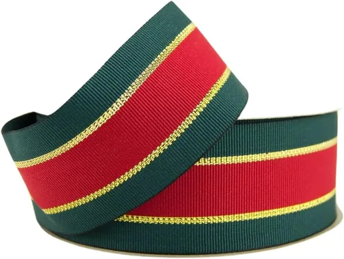 Vista 2 de Ribbon Bazaar Rayas navideñas tradicionales de grogrén - Esmeralda, Rojo y Oro 1-1/2" 20yd