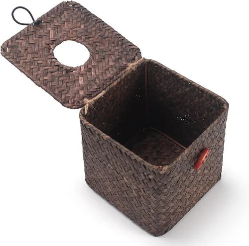 Vista 3 de Cubierta de caja de pañuelos cuadrada de Seagrass tejido para servilletas decorativa para baño estilo granja (café, 14 x 14 x 14 cm)