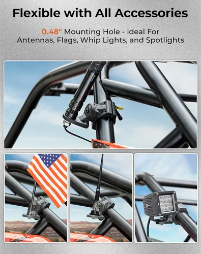 Vista 7 de KEMIMOTO UTV Soporte de montaje para luz de bandera de montaje en látigo, 1 unidad, resistente ajustable para jaula de barra enrollable de 1.75 a 2