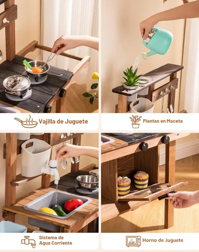 Vista 5 de ROBUD Cocina de barro para niños al aire libre con ruedas, cocina de madera al aire libre, cocina de barro para niños con fregadero y grifo