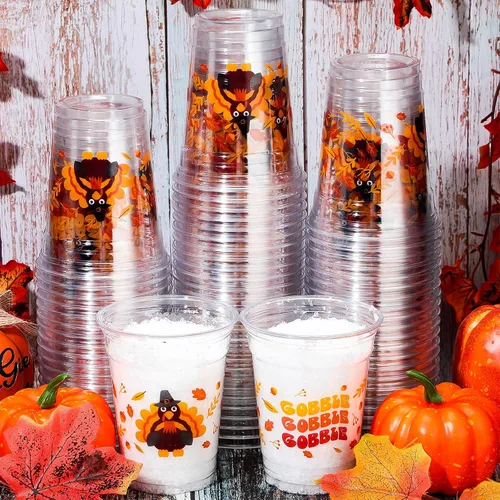 Vista 8 de Meanplan 100 vasos de plástico de Acción de Gracias a granel de 12 onzas, vasos desechables de otoño, hojas de calabaza, pavo, vasos transparentes