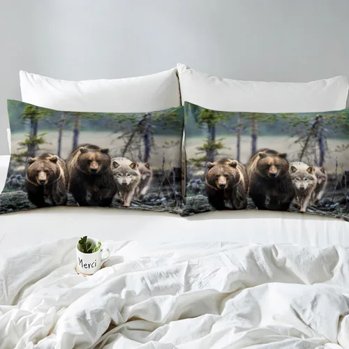 Vista 5 de Erosebridal Juego de sábanas tamaño individual de oso marrón para niños y niñas, juego de sábanas de lobo salvaje safari salvaje, juego de sábanas