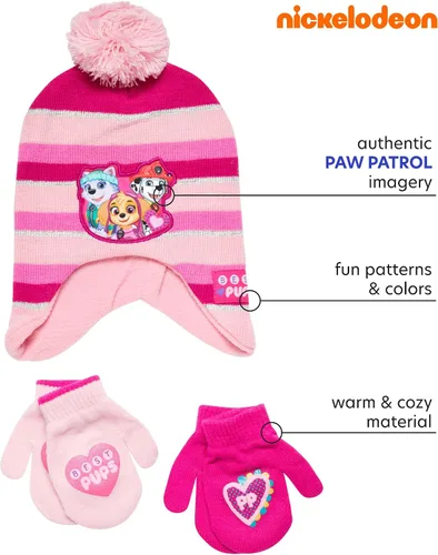 Vista 2 de Nickelodeon Paw Patrol - Sombrero de invierno para niñas y 2 pares de guantes o guantes edad 2-7