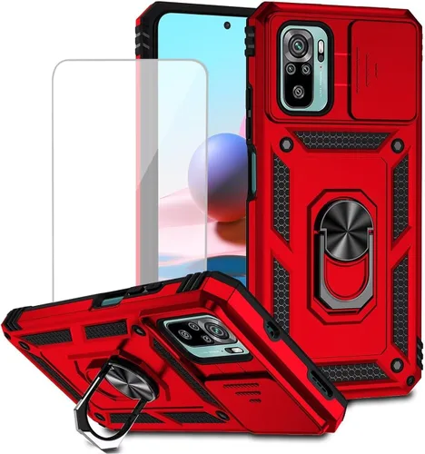 Vista 9 de Funda para Redmi Note 10/Redmi Note 10S/Poco M5S con protector de pantalla de vidrio templado y cubierta de cámara deslizante, anillo magnético Negro