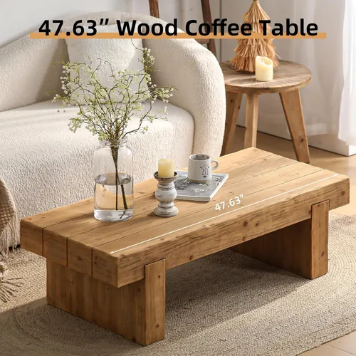 Vista 4 de SSLine Mesa de Centro de Madera Maciza de 47.6 Pulgadas Mesa de Centro Rectangular para Sala de Estar, Mesas de Centro de Cóctel Estilo Granja