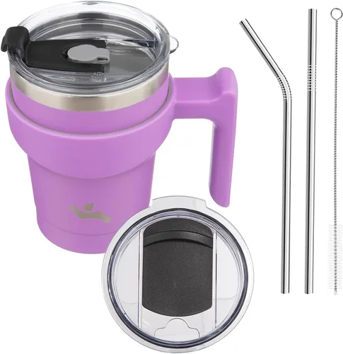Vista 81 de Konokyo - Vaso de 10 onzas con asa y 2 popotes, 2 tapas, botella de agua aislada de acero inoxidable, taza de viaje reutilizable, color verde militar