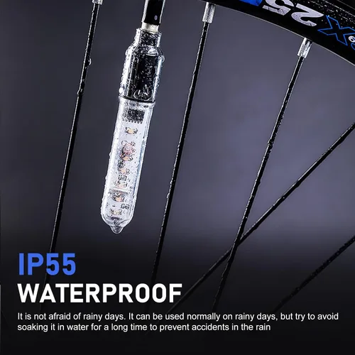 Vista 5 de 2 piezas de luces LED para rueda de bicicleta, luces impermeables para radios de bicicleta, luz de válvula de neumático de bicicleta con cambio