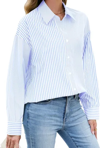 Vista 4 de Camisas a rayas con botones para mujer, de manga larga, de gran tamaño, estilo novio, blusas con cuello sin bolsillos