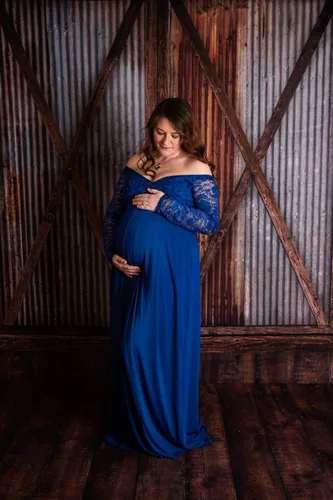 Vista 2 de Molliya - Vestido largo de maternidad de encaje y hombros descubiertos Maxi vestido elegante elástico, para baby shower y sesión de fotografías