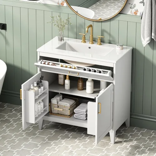 Vista 11 de Harper & Bright Designs Tocador de baño de 24 pulgadas con lavabo, juego de tocador independiente con 4 cajones, estantes de almacenamiento y Negro