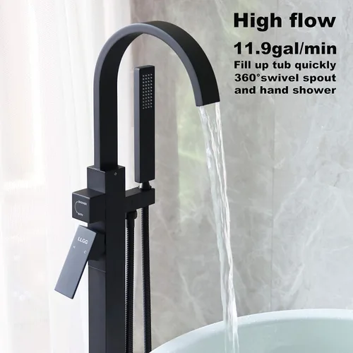 Vista 4 de Grifos de bañera independientes Llenadores de bañera negros Montaje en el piso Llenador de grifo para bañeras Bañeras LLGG Alto Flujo 11.9GPM Baño