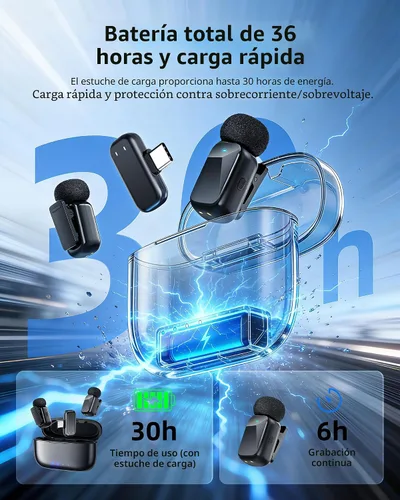 Vista 3 de Mini micrófono inalámbrico Lavalier para iPhone y cámara Android, micrófonos inalámbricos de doble canal con cancelación de ruido AI, rango de 328