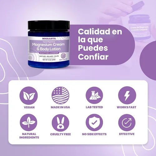 Vista 6 de MIGRASTIL Crema de magnesio y lavanda nocturna y loción corporal no grasa. Cloruro de magnesio extra fuerte de 250 mg para alivio muscular