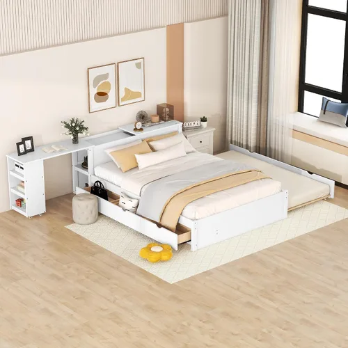 Vista 14 de Cama de plataforma de tamaño matrimonial con cajones y estantes de almacenamiento, base de cama de madera maciza, base de colchón con cabecera